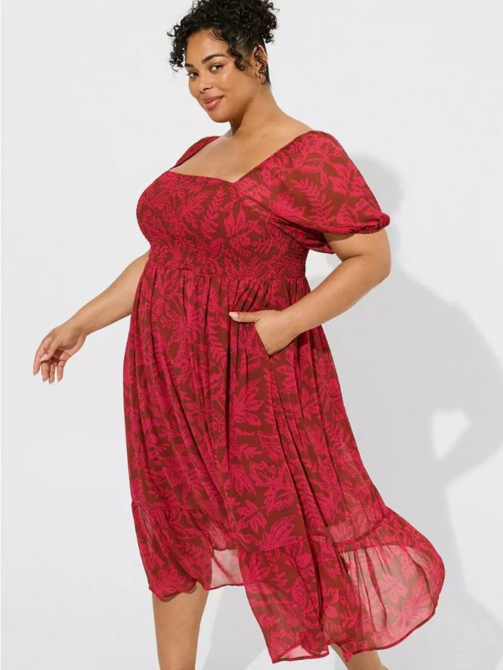Torrid Tea Length Smocked A-Line Dress Off Shoulder Leaf Print Size 2X NWT